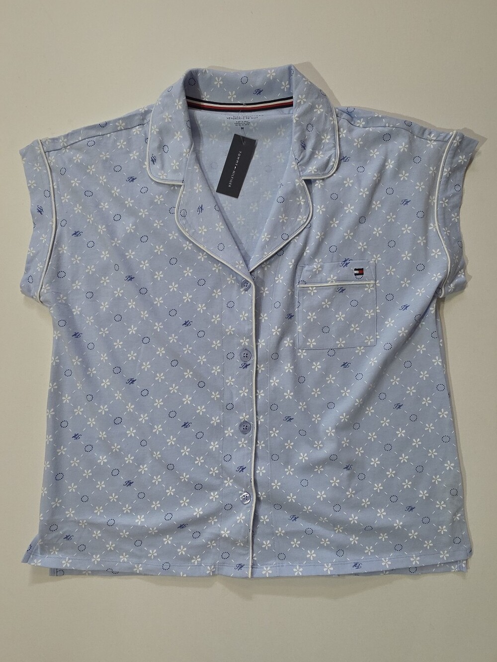 NWT Tommy Hilfiger Sleepwear Top Womens Medium Blue White Floral Button Down